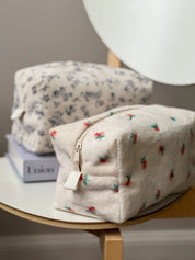 Fluffy medium square white cosmetic bag with red flower