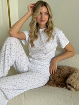 Set of t-shirt and pants ribbed small pink flower on white