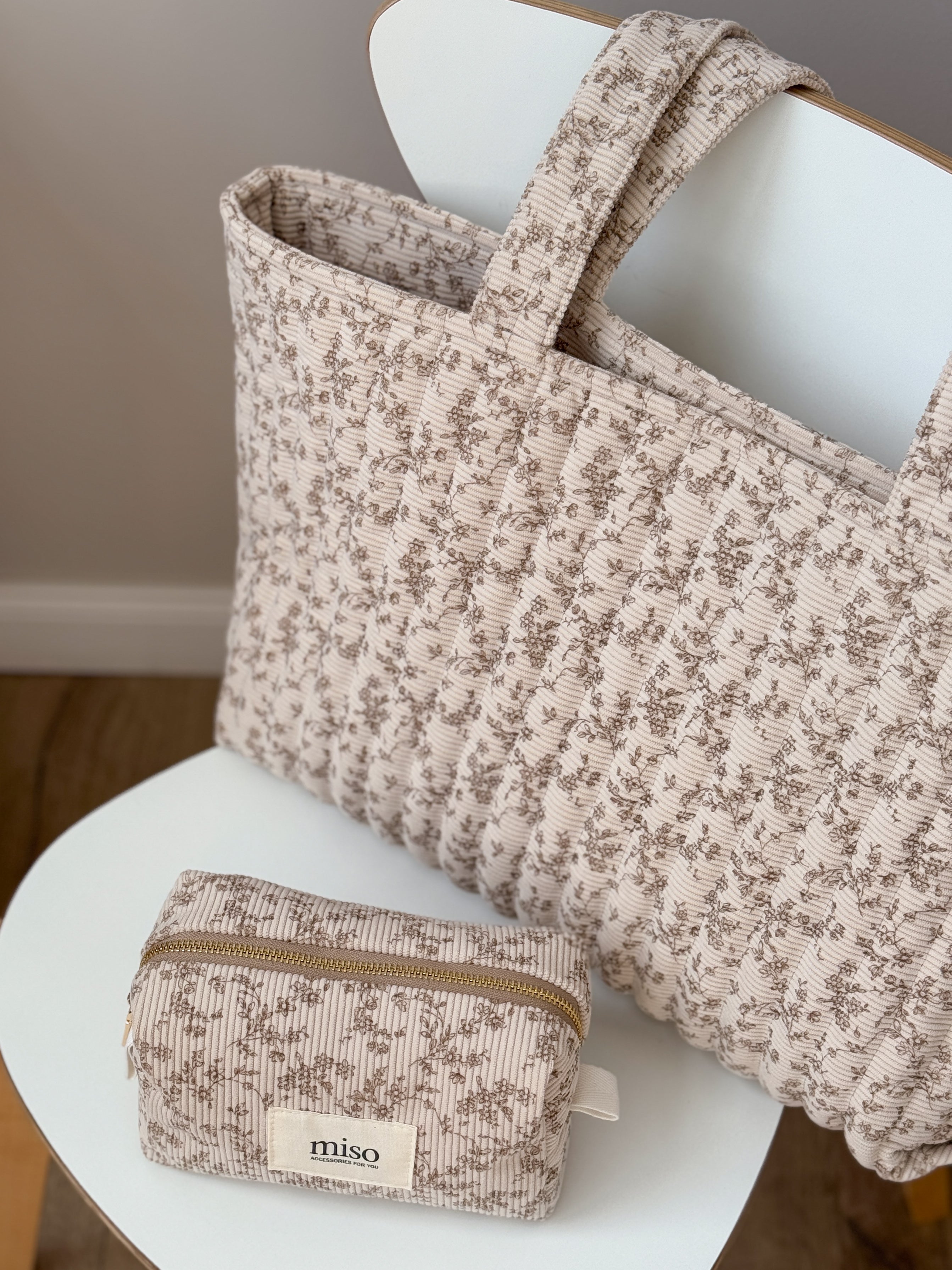 Velvet cosmetic bag small square beige floral