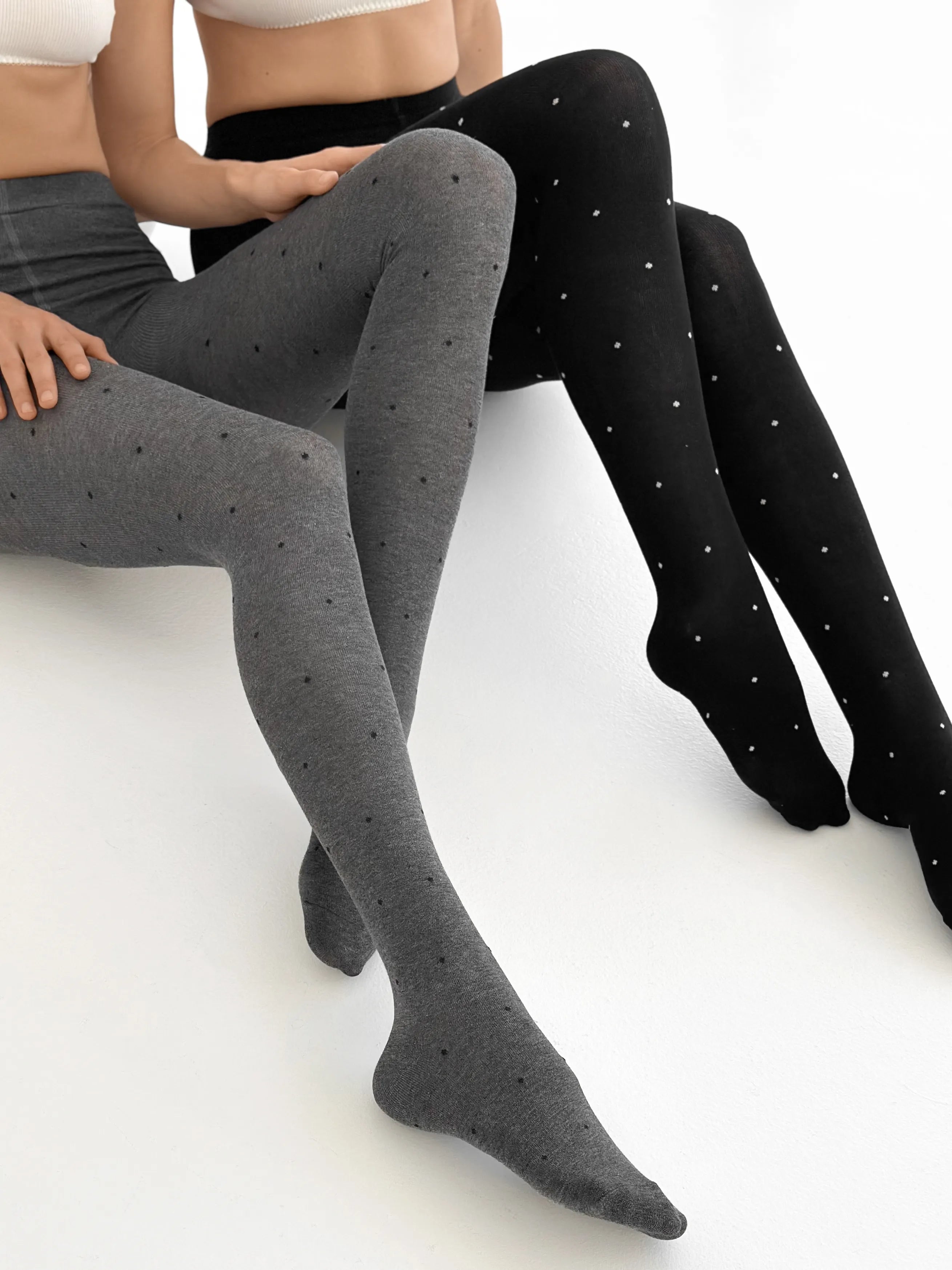 Knitted tights white polka dots on black
