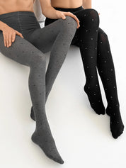 Knitted tights white polka dots on black