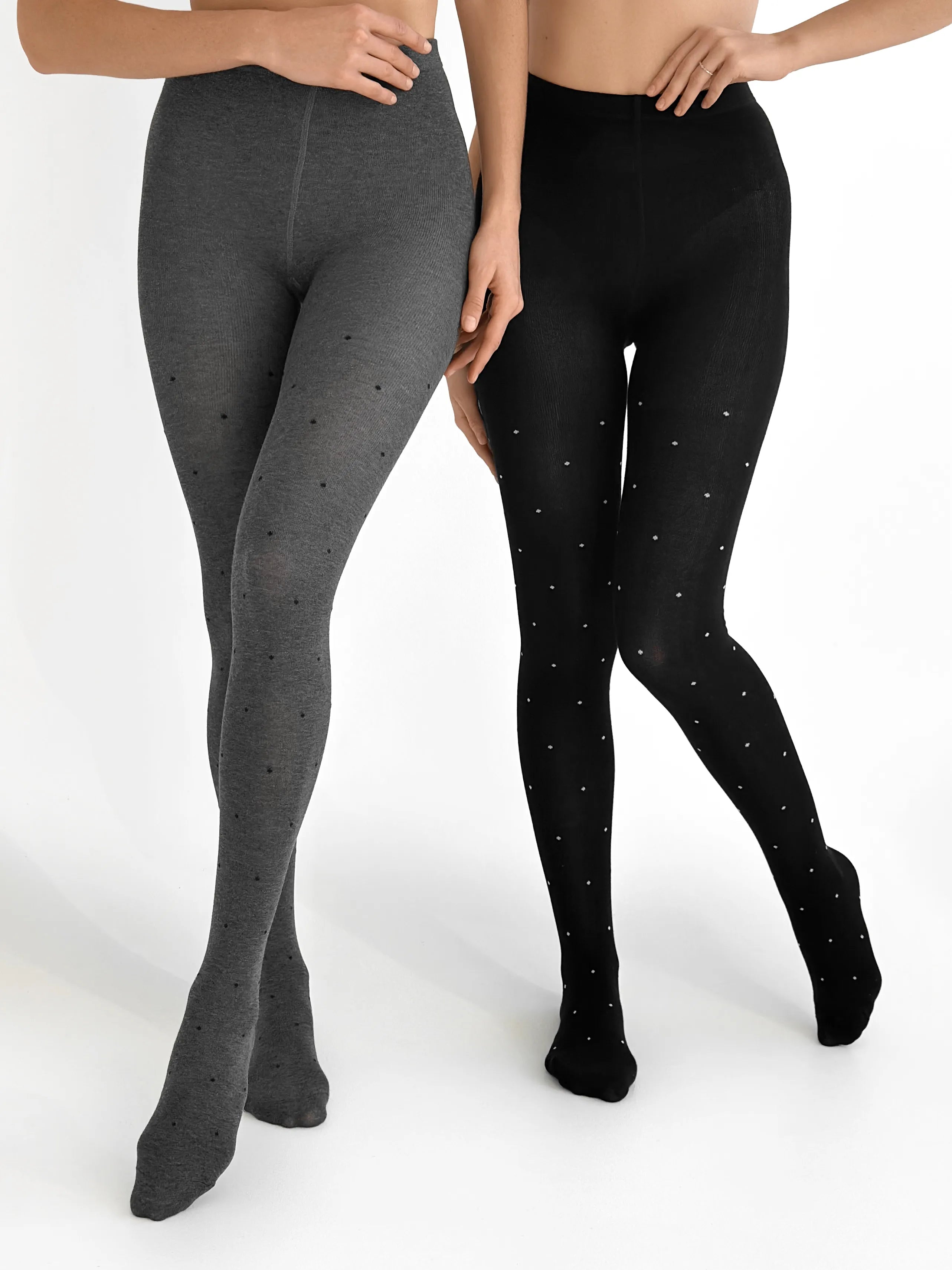 Knitted tights white polka dots on black