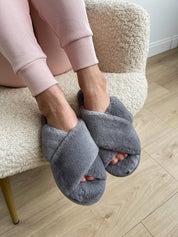 Women's slippers HS-LUX fur dark gray