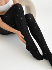 Knitted tights white polka dots on black
