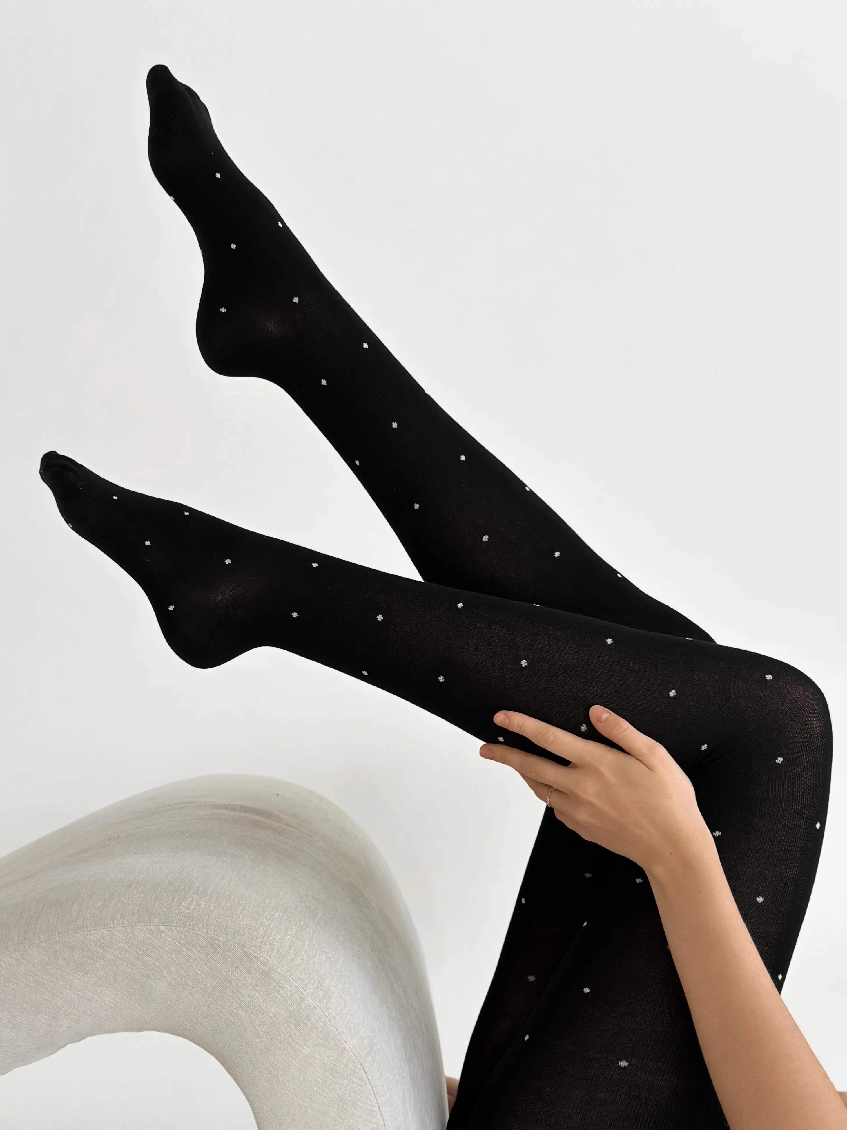 Knitted tights white polka dots on black