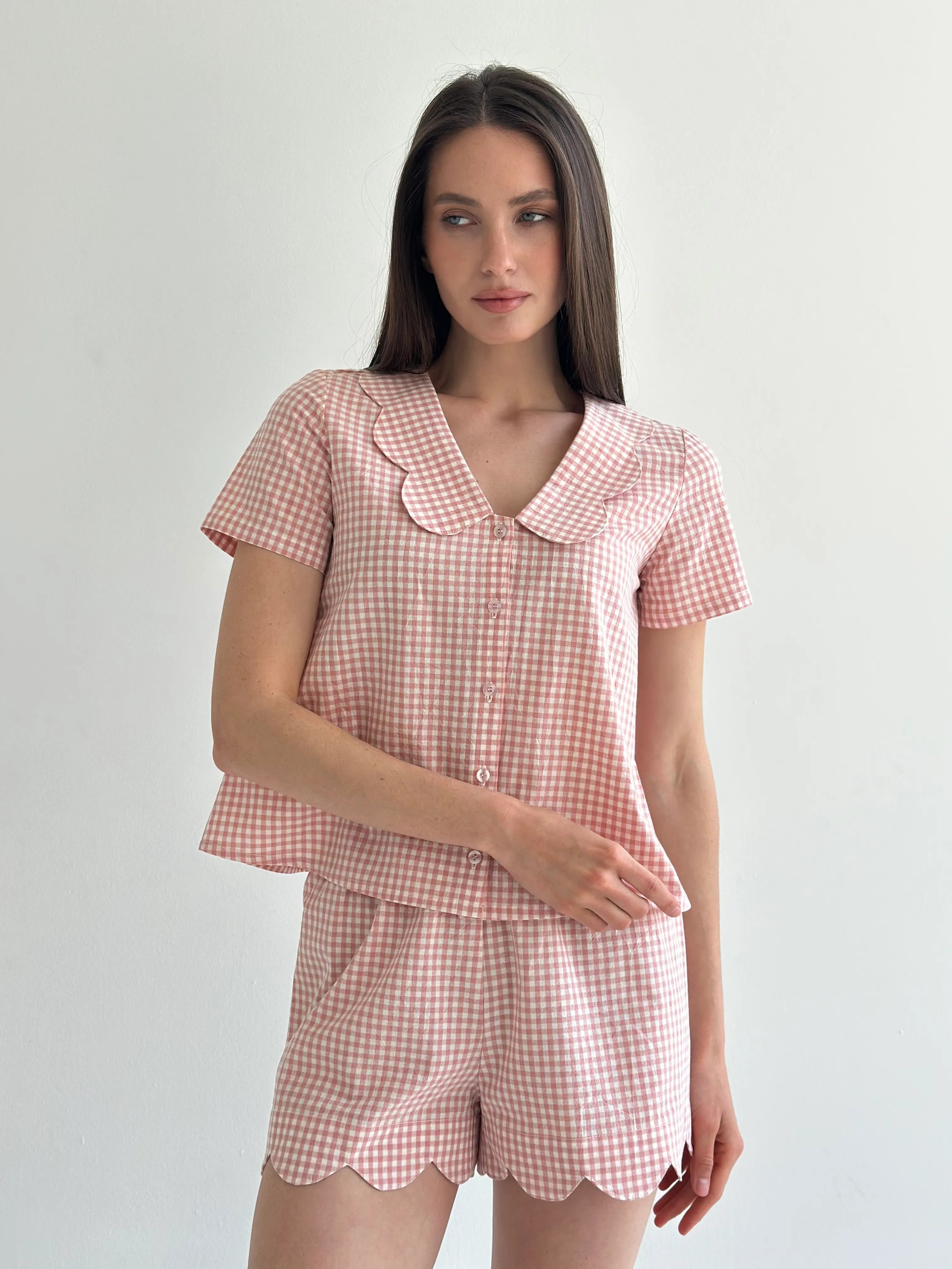 Suit cotton check Shirt and Shorts with figured decoration powder/milk