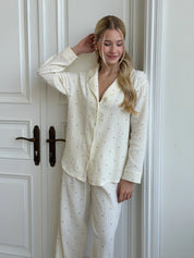 Long sleeve shirt and trousers muslin large black peas on milk suit