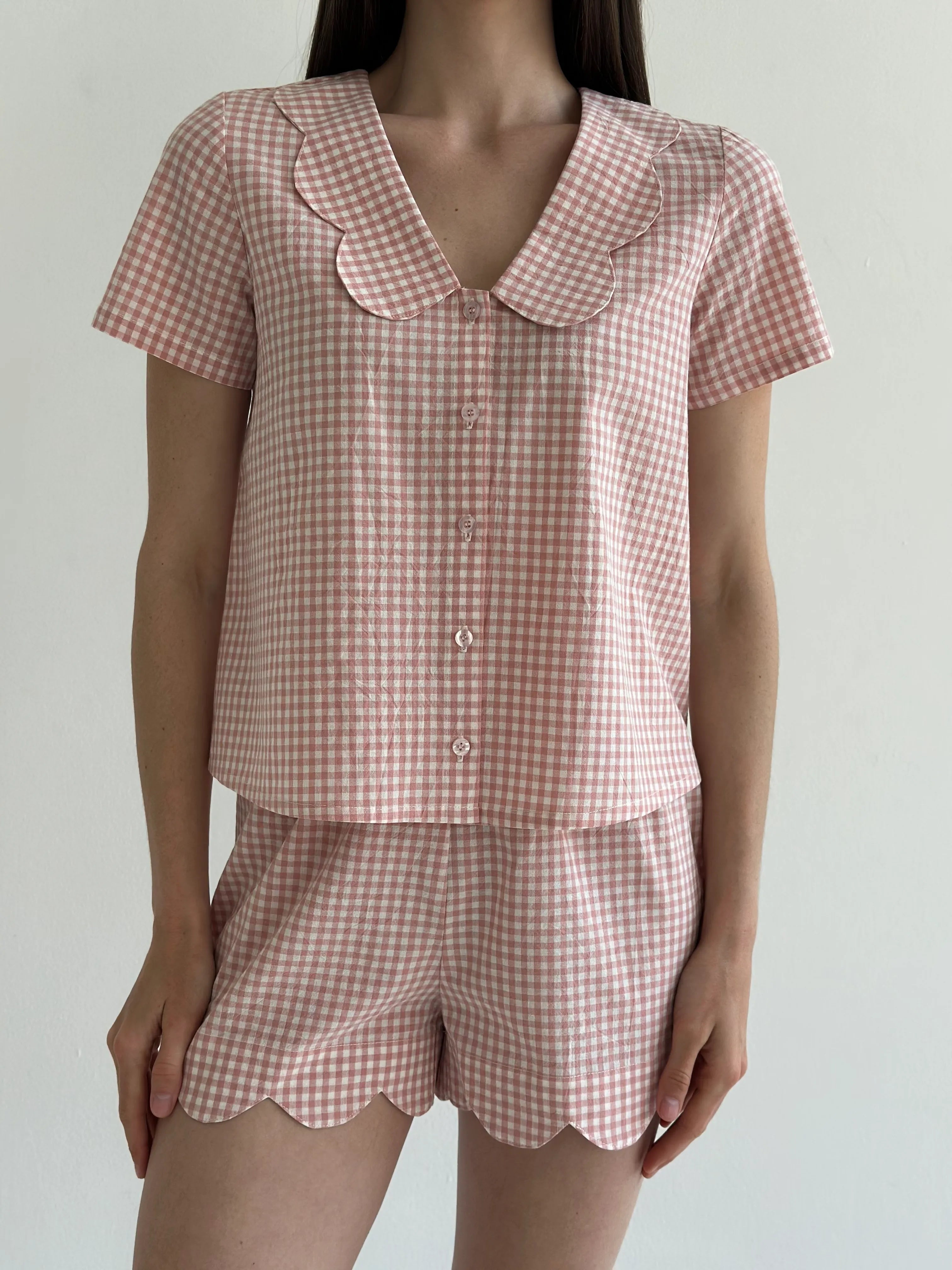 Suit cotton check Shirt and Shorts with figured decoration powder/milk
