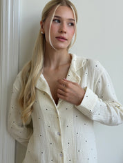 Long sleeve shirt and trousers muslin large black peas on milk suit