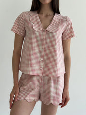 Suit cotton check Shirt and Shorts with figured decoration powder/milk