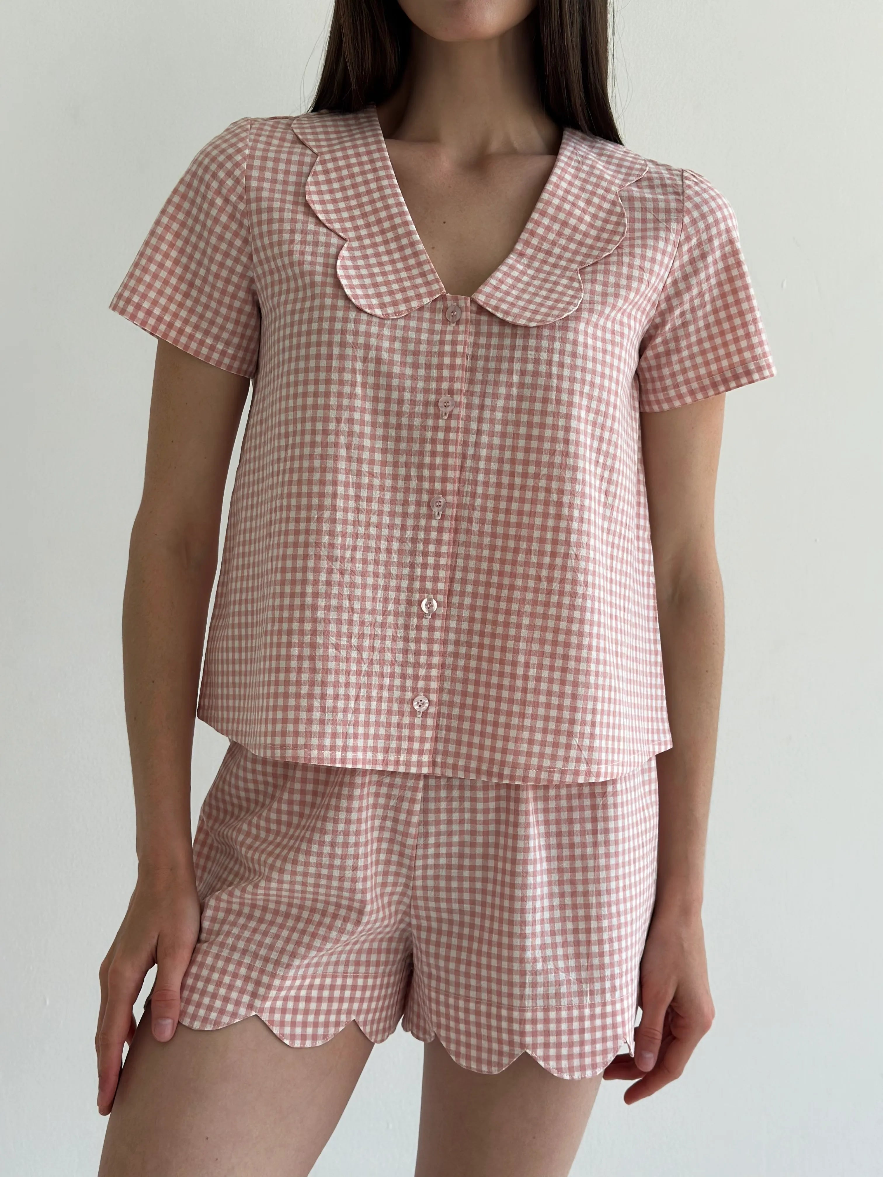 Suit cotton check Shirt and Shorts with figured decoration powder/milk