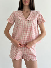 Suit cotton check Shirt and Shorts with figured decoration powder/milk