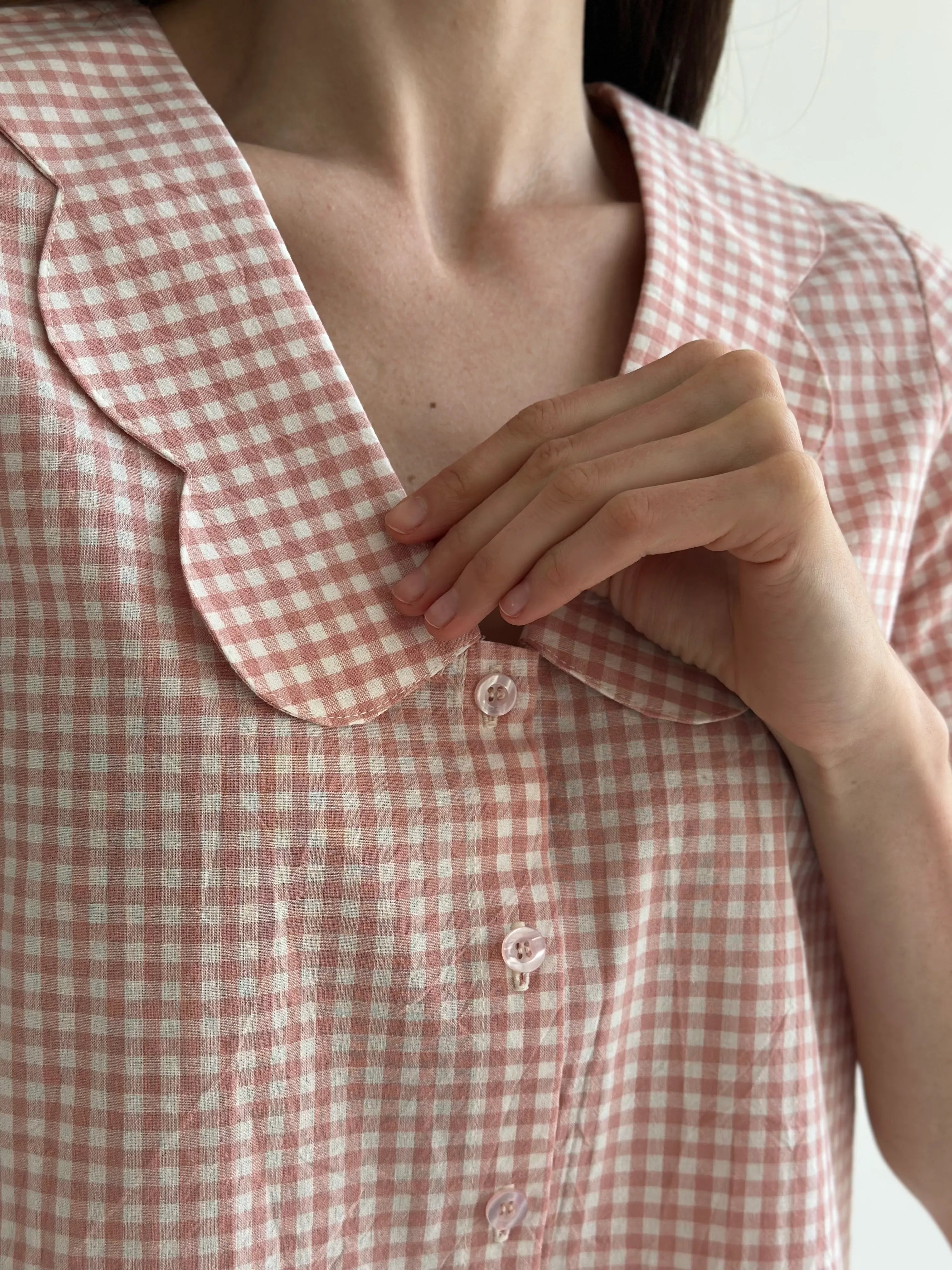 Suit cotton check Shirt and Shorts with figured decoration powder/milk