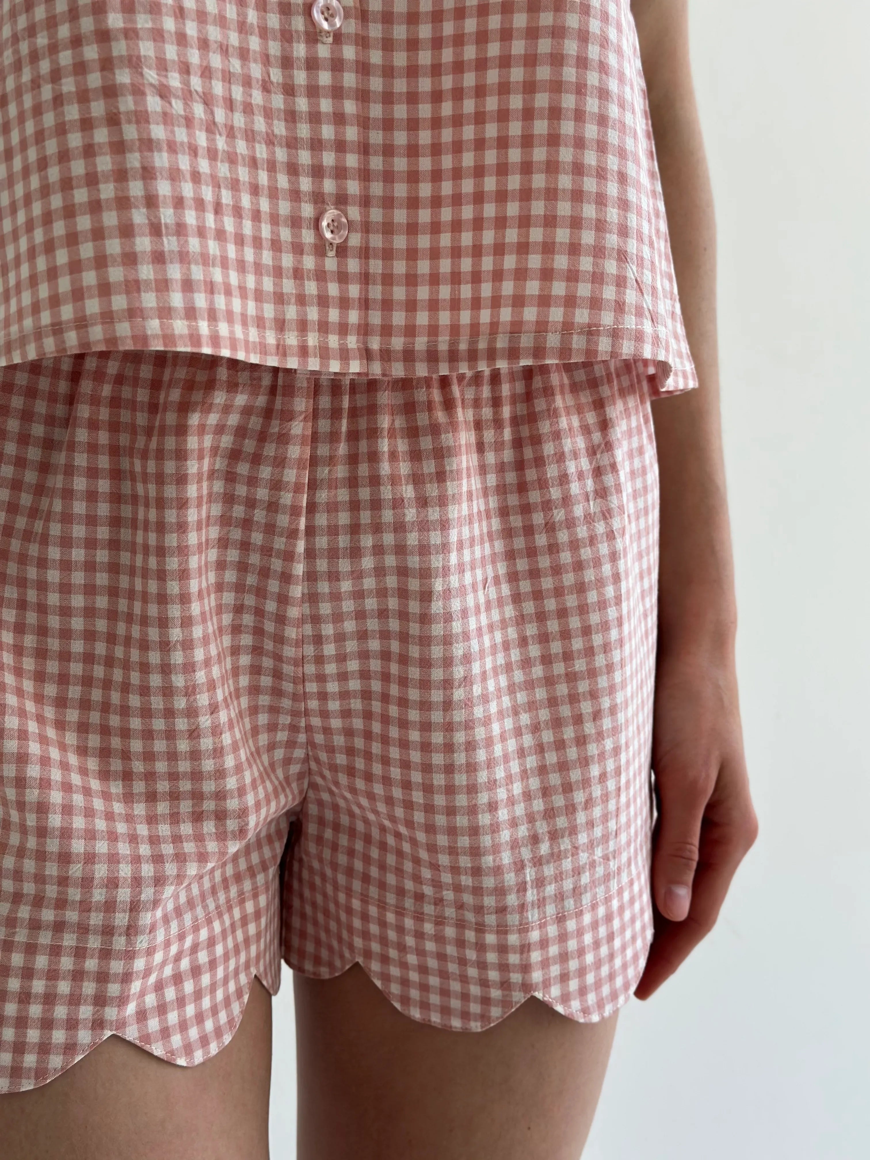 Suit cotton check Shirt and Shorts with figured decoration powder/milk
