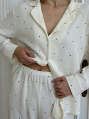 Long sleeve shirt and trousers muslin large black peas on milk suit