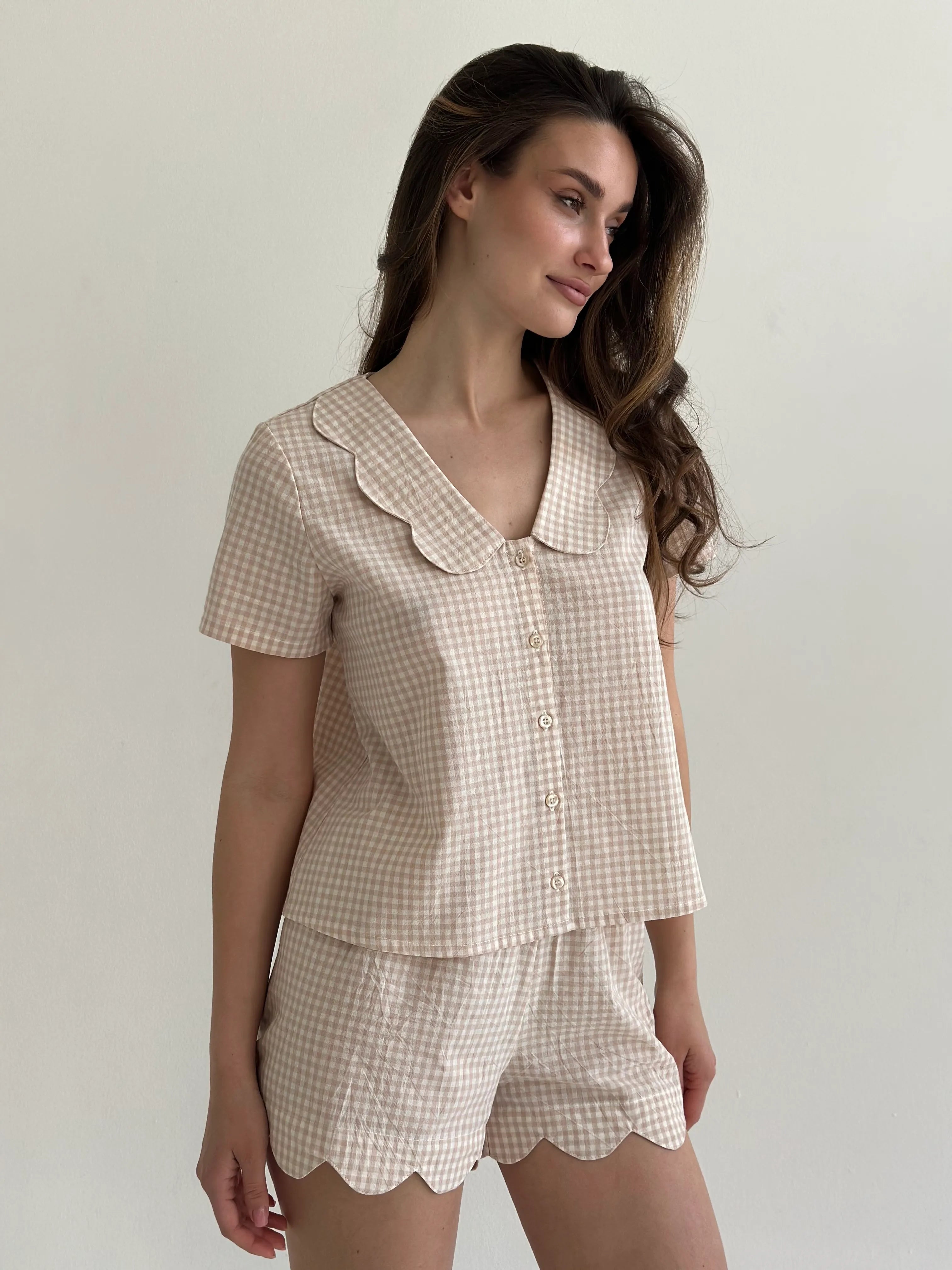 Suit cotton check Shirt and Shorts with figured decoration beige/milk