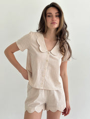 Suit cotton check Shirt and Shorts with figured decoration beige/milk