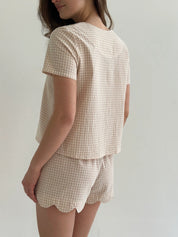 Suit cotton check Shirt and Shorts with figured decoration beige/milk