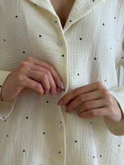 Long sleeve shirt and trousers muslin large black peas on milk suit