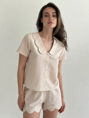 Suit cotton check Shirt and Shorts with figured decoration beige/milk