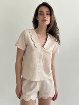 Suit cotton check Shirt and Shorts with figured decoration beige/milk
