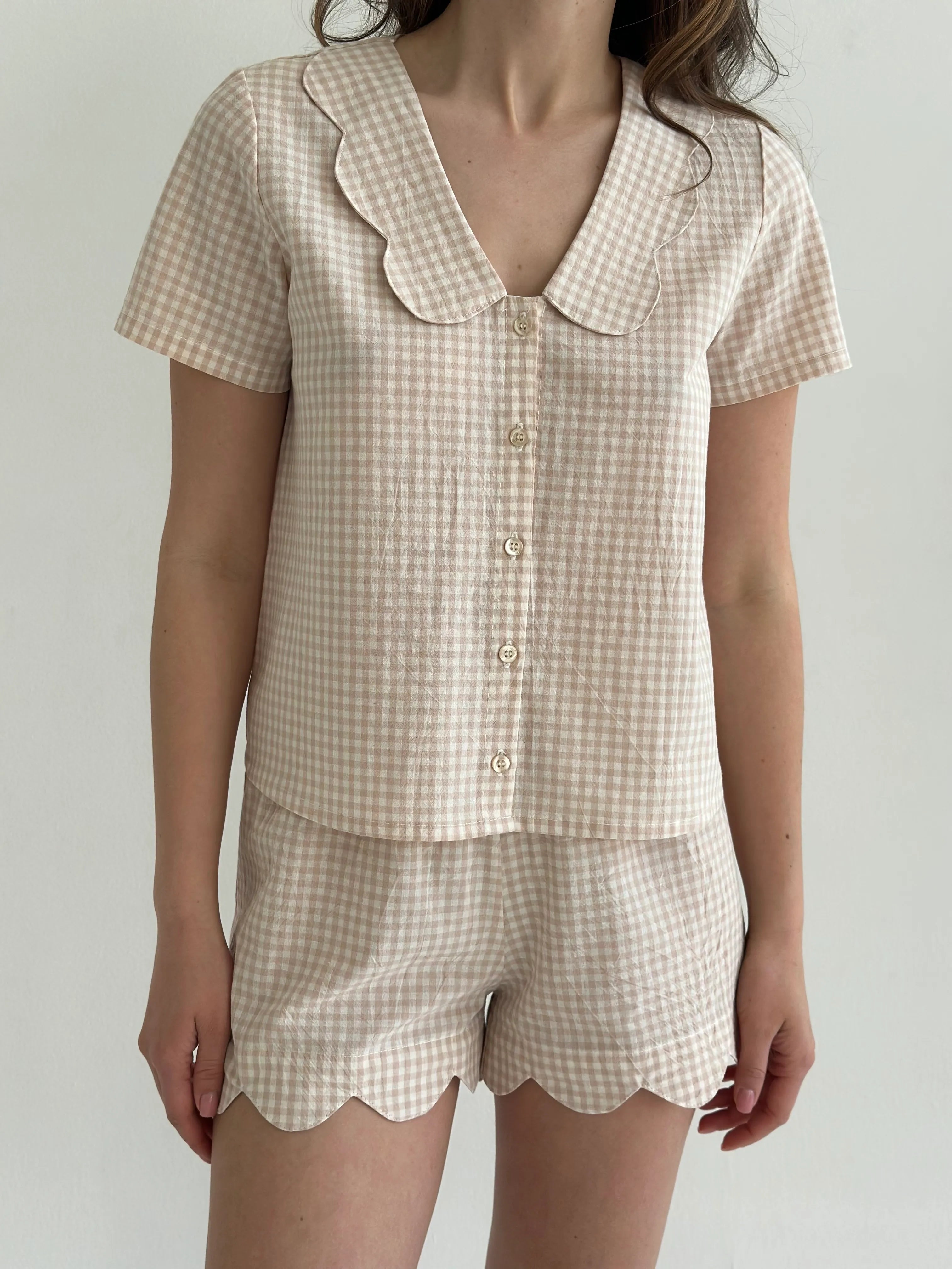 Suit cotton check Shirt and Shorts with figured decoration beige/milk