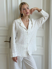 Long sleeve shirt and muslin tulip pants suit on white