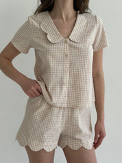 Suit cotton check Shirt and Shorts with figured decoration beige/milk