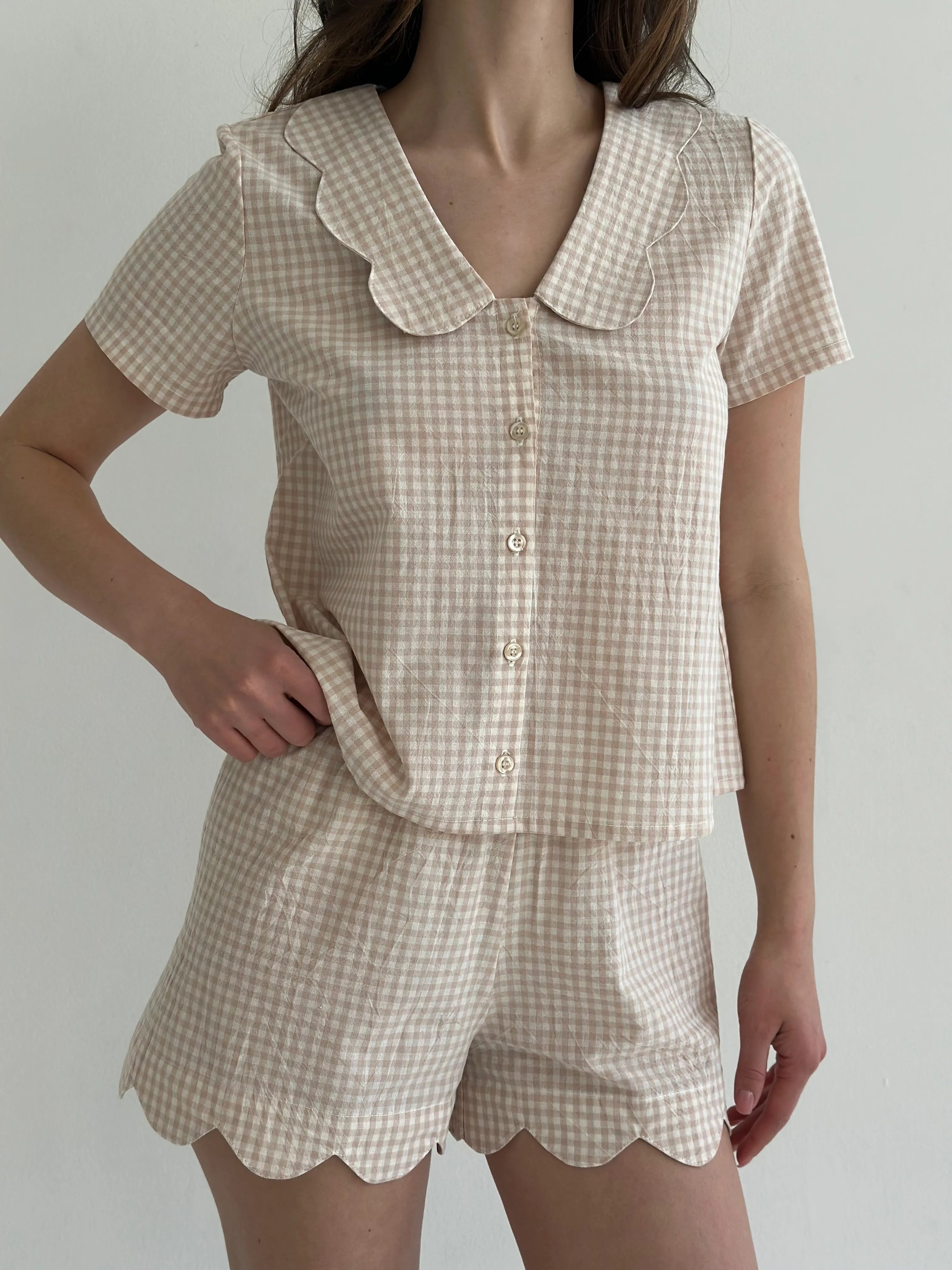 Suit cotton check Shirt and Shorts with figured decoration beige/milk
