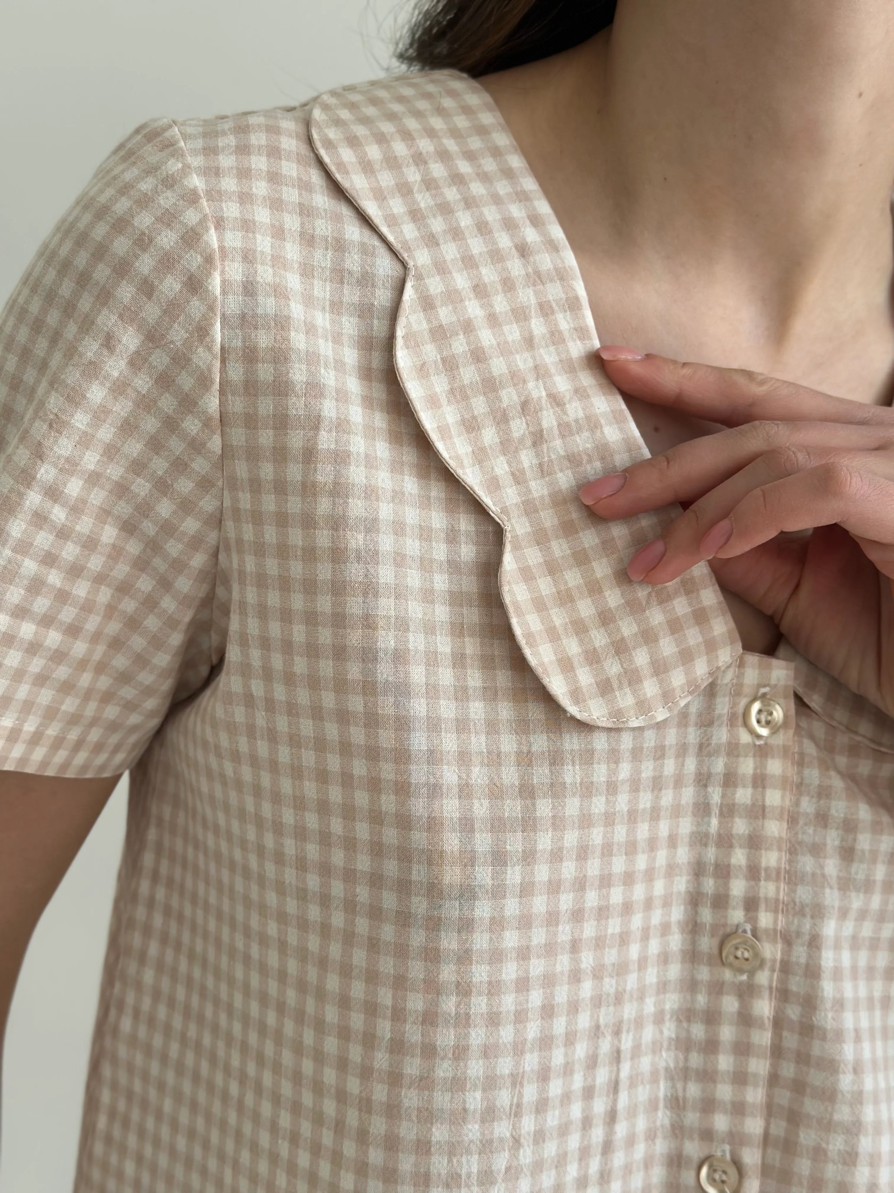 Suit cotton check Shirt and Shorts with figured decoration beige/milk