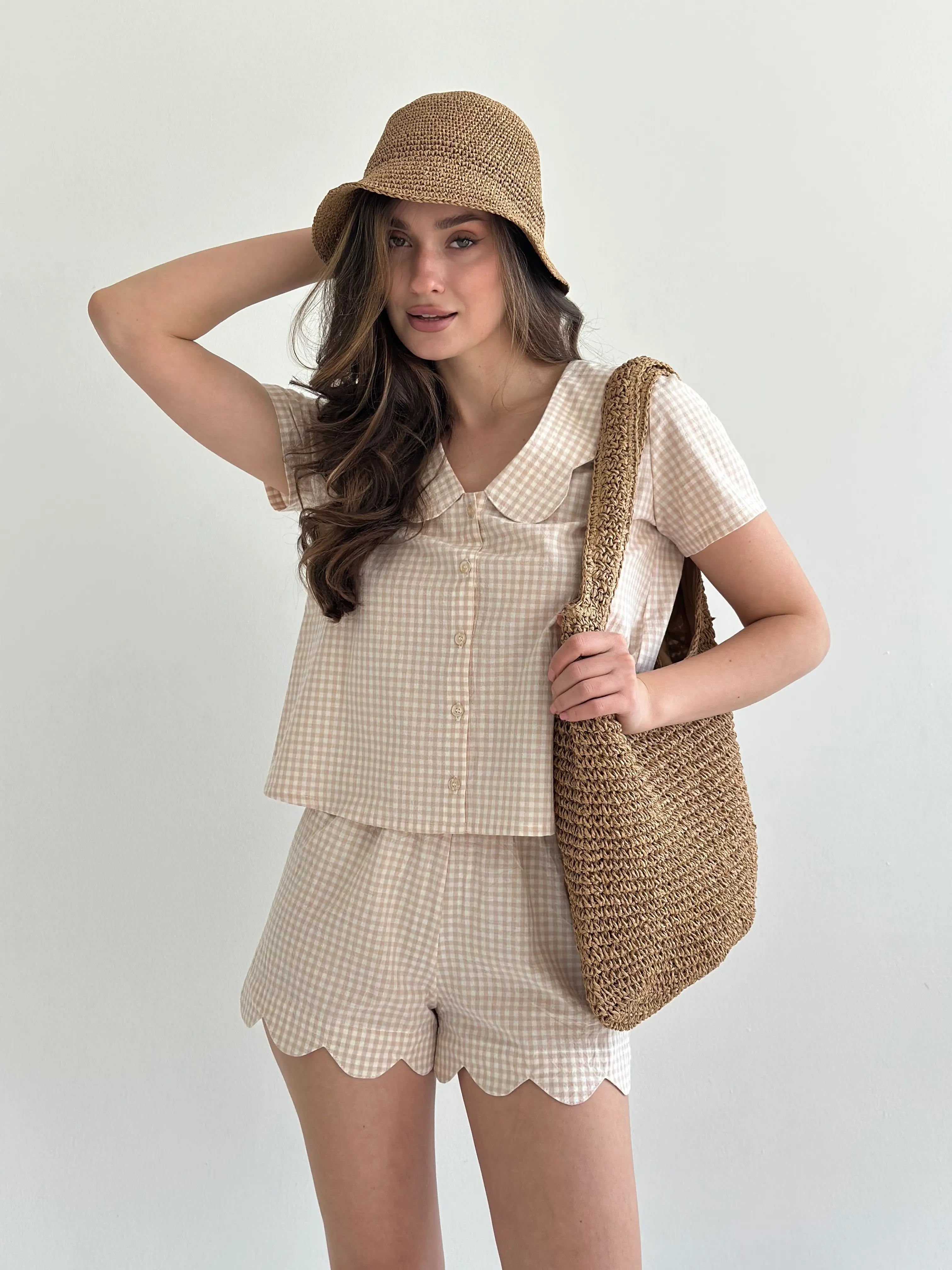 Suit cotton check Shirt and Shorts with figured decoration beige/milk