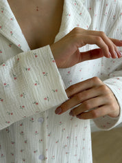 Long sleeve shirt and muslin tulip pants suit on white