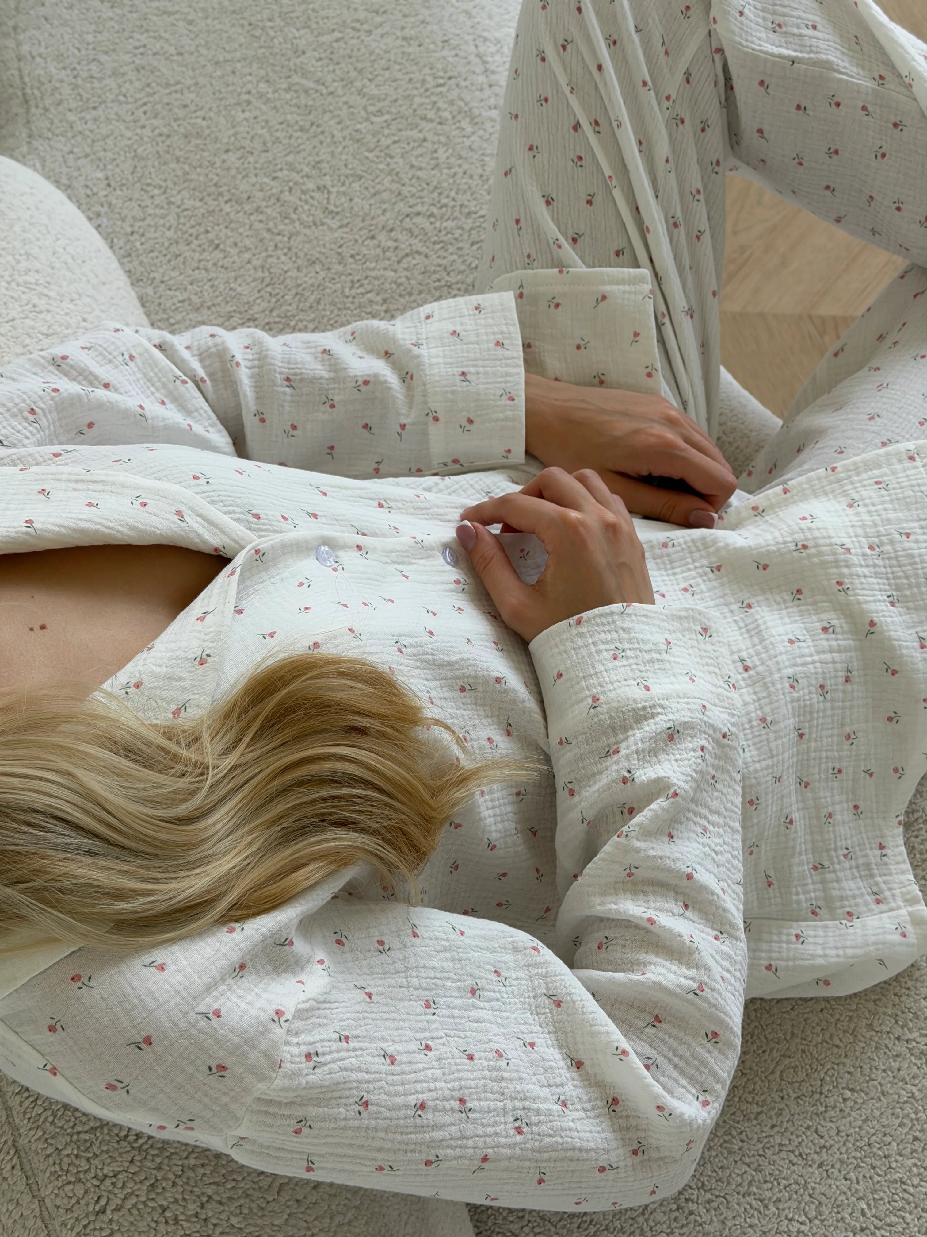 Long sleeve shirt and muslin tulip pants suit on white