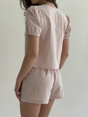 Thin striped cotton suit, bow blouse and powder/milk shorts