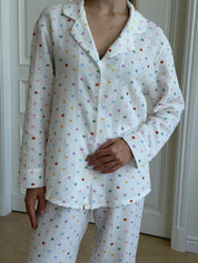 Suit long sleeve shirt and pants muslin hearts multicolored on white