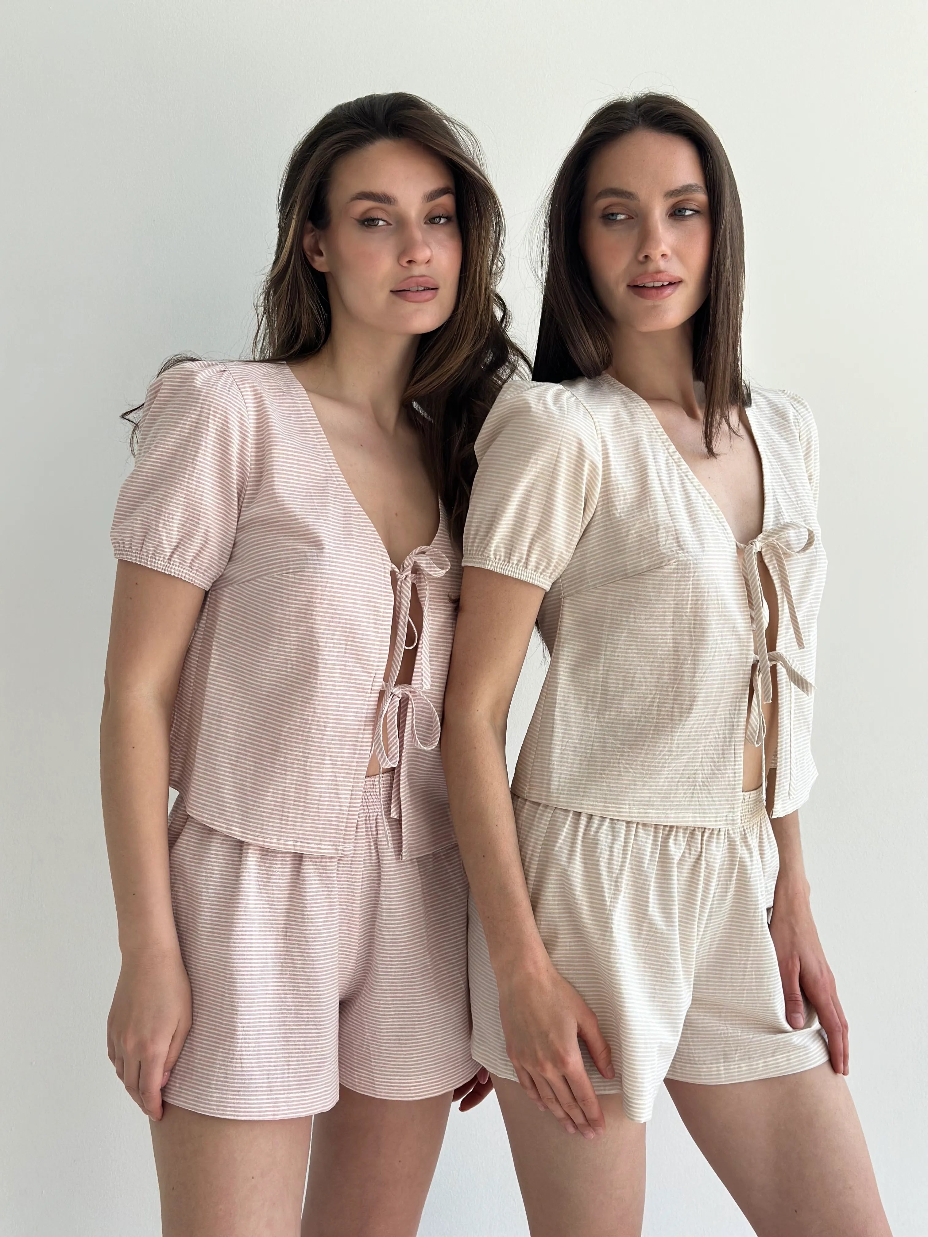 Thin striped cotton suit, bow blouse and powder/milk shorts