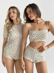 Ribbed set Top and shorts milky with blue flower