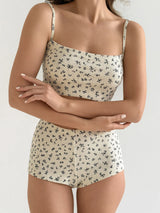 Ribbed set Top and shorts milky with blue flower