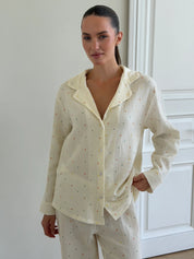 Suit long-sleeved shirt and muslin pants multi-colored peas on milk