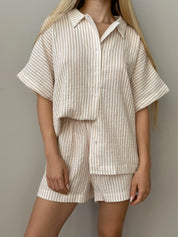Muslin 2-layer shorts + striped shirt beige suit
