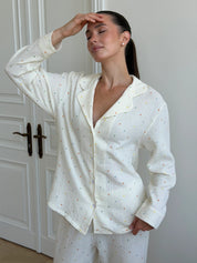 Suit long-sleeved shirt and muslin pants multi-colored peas on milk