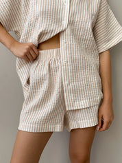 Muslin 2-layer shorts + striped shirt beige suit