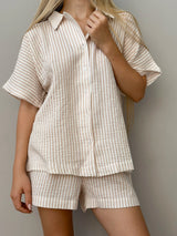 Muslin 2-layer shorts + striped shirt beige suit