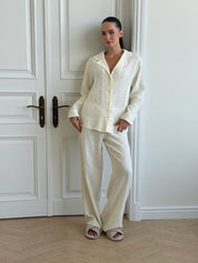 Suit long-sleeved shirt and muslin pants multi-colored peas on milk