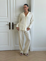 Suit long-sleeved shirt and muslin pants multi-colored peas on milk