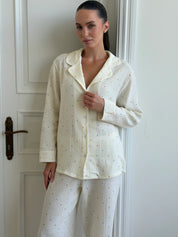 Suit long-sleeved shirt and muslin pants multi-colored peas on milk