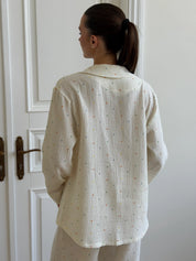 Suit long-sleeved shirt and muslin pants multi-colored peas on milk