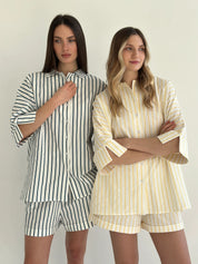 Shirt and shorts suit, cotton, "turquoise stripe on milk"