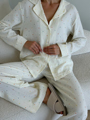 Long sleeve shirt and trousers muslin large black peas on milk suit