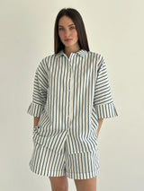Shirt and shorts suit, cotton, "turquoise stripe on milk"